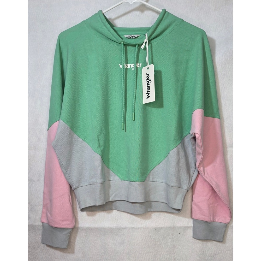 Wrangler Womens Colorblock Hoodie Green Pink Grey Logo Sweatshirt XS NWT